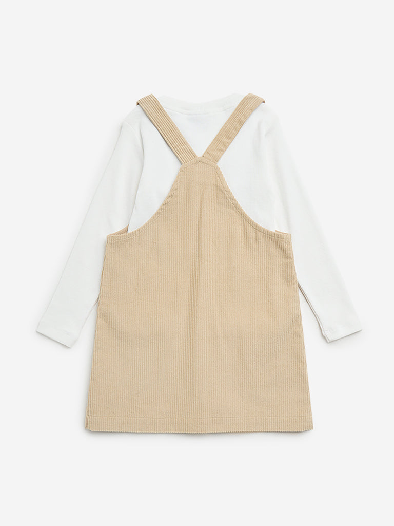 Westside HOP Kids Beige Corduroy Pinafore with Cotton T-Shirt Set for Casual Wear Back View