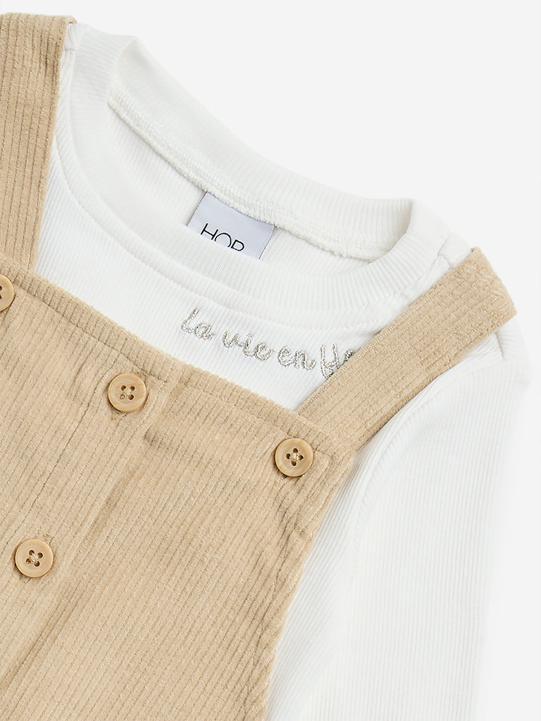 Westside HOP Kids Beige Corduroy Pinafore with Cotton T-Shirt Set for Casual Wear Zoomed View