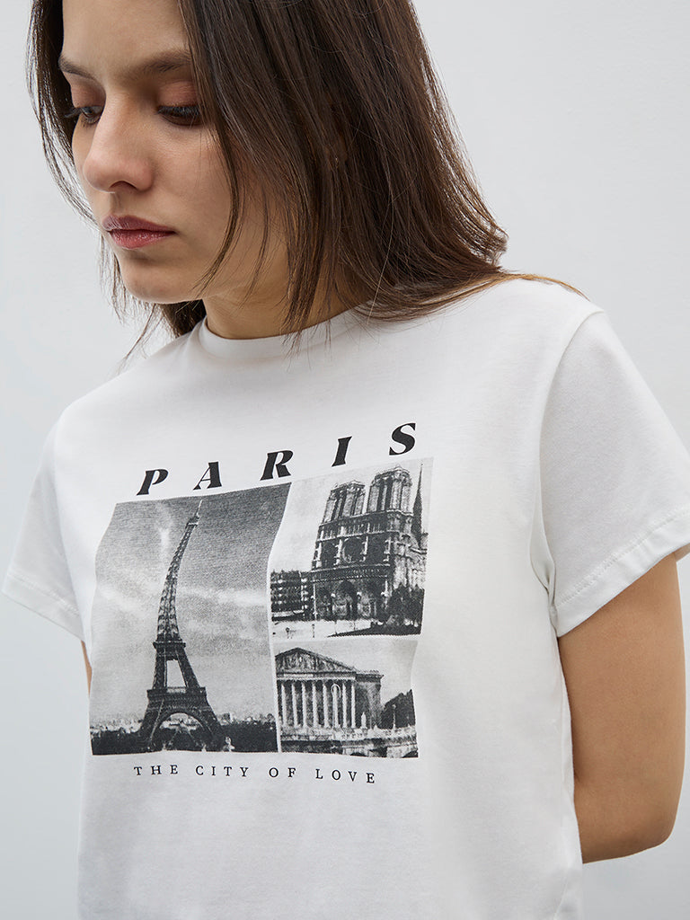 Superstar White Printed Cropped Cotton T-Shirt