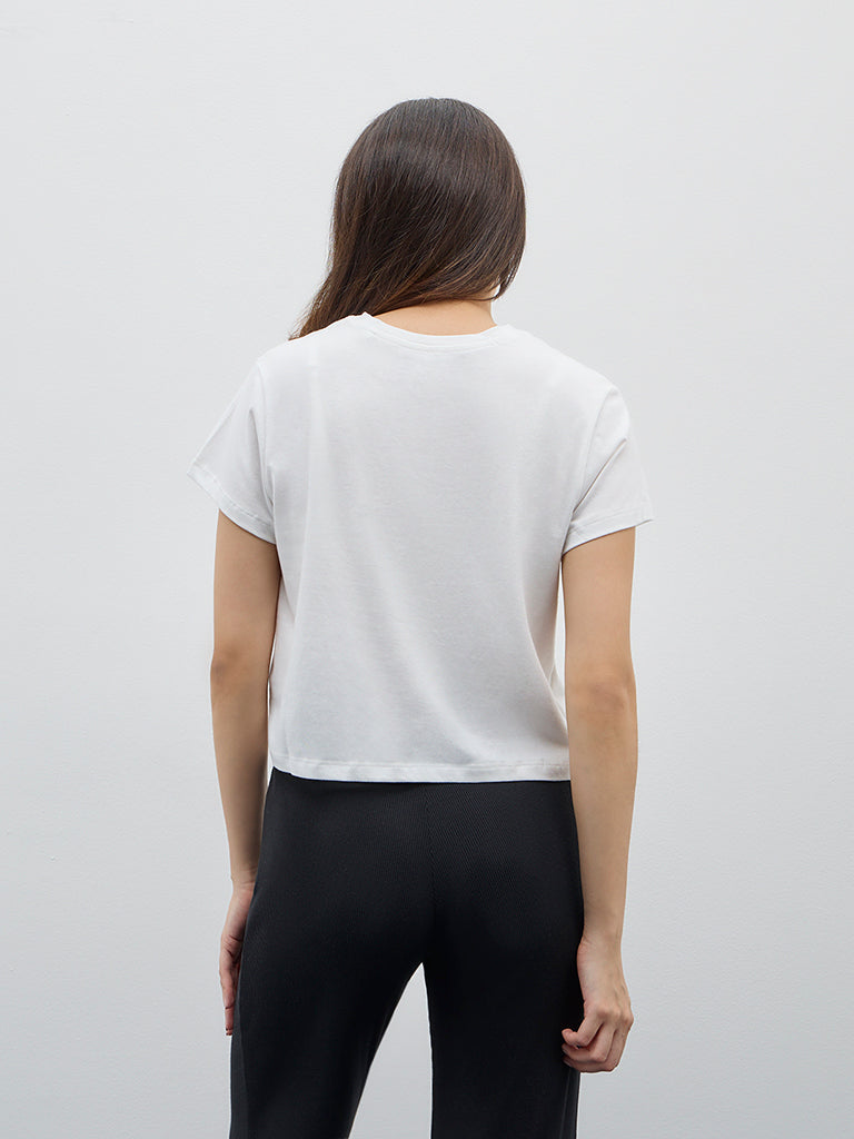 Superstar White Printed Cropped Cotton T-Shirt