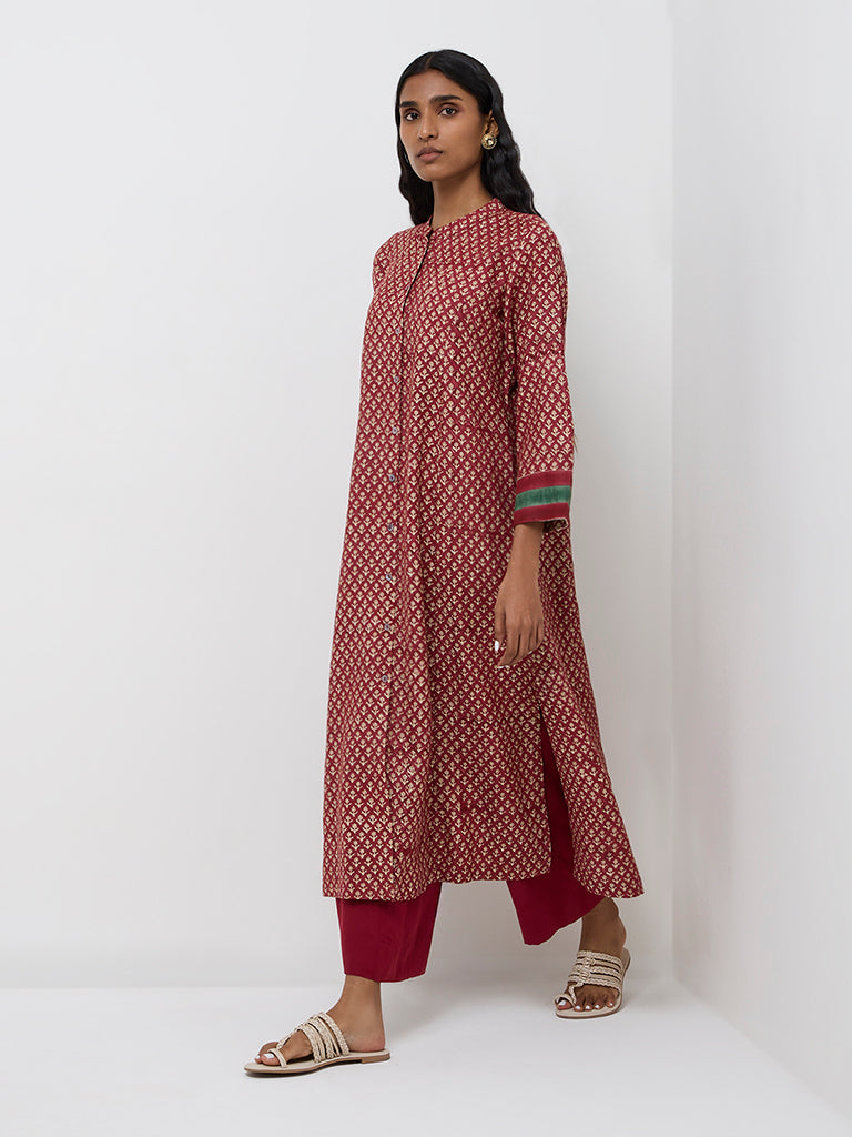 Zuba Red Floral Printed Cotton-Blend A-Line Kurta