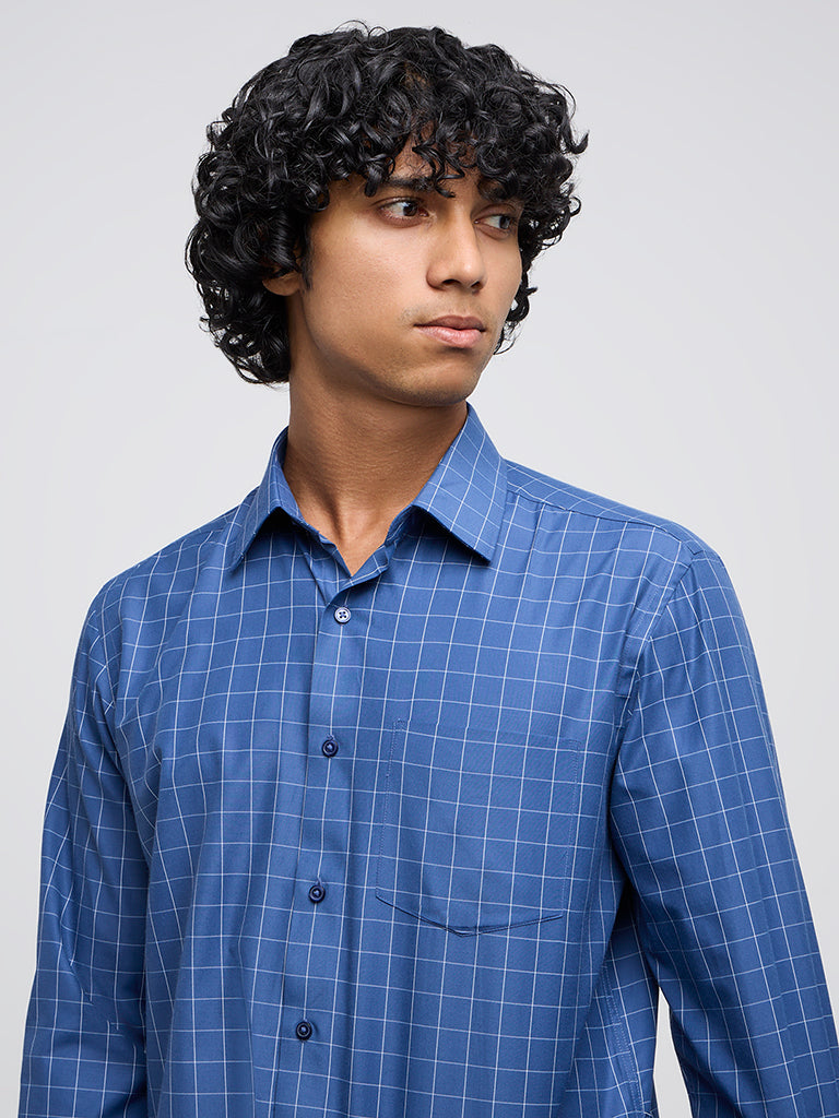 WES Formals Navy Checkered Relaxed-Fit Shirt