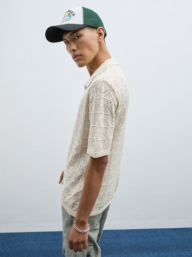 Nuon Beige Knitted Relaxed-Fit Cotton Shirt