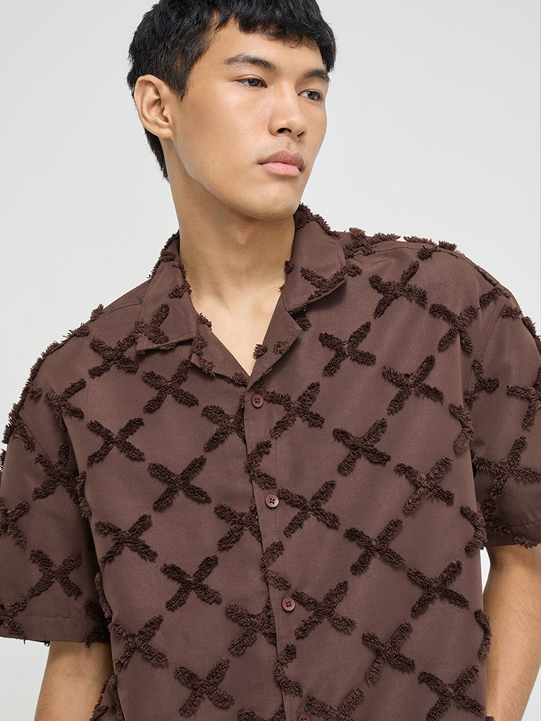 Nuon Brown Textured Relaxed-Fit Cotton Shirt
