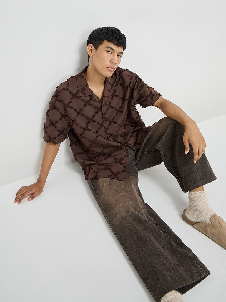 Nuon Brown Textured Relaxed-Fit Cotton Shirt
