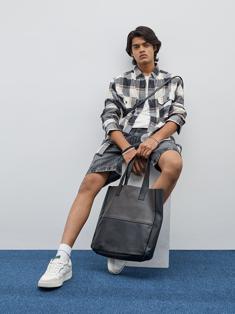 Nuon Charcoal Checkered Relaxed-Fit Cotton-Blend Shirt