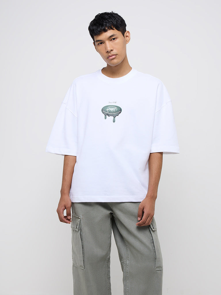 Nuon White Text Design Relaxed-Fit Cotton T-Shirt