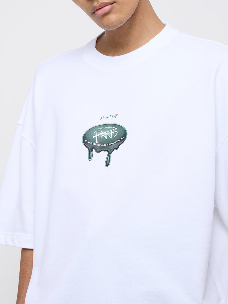 Nuon White Text Design Relaxed-Fit Cotton T-Shirt