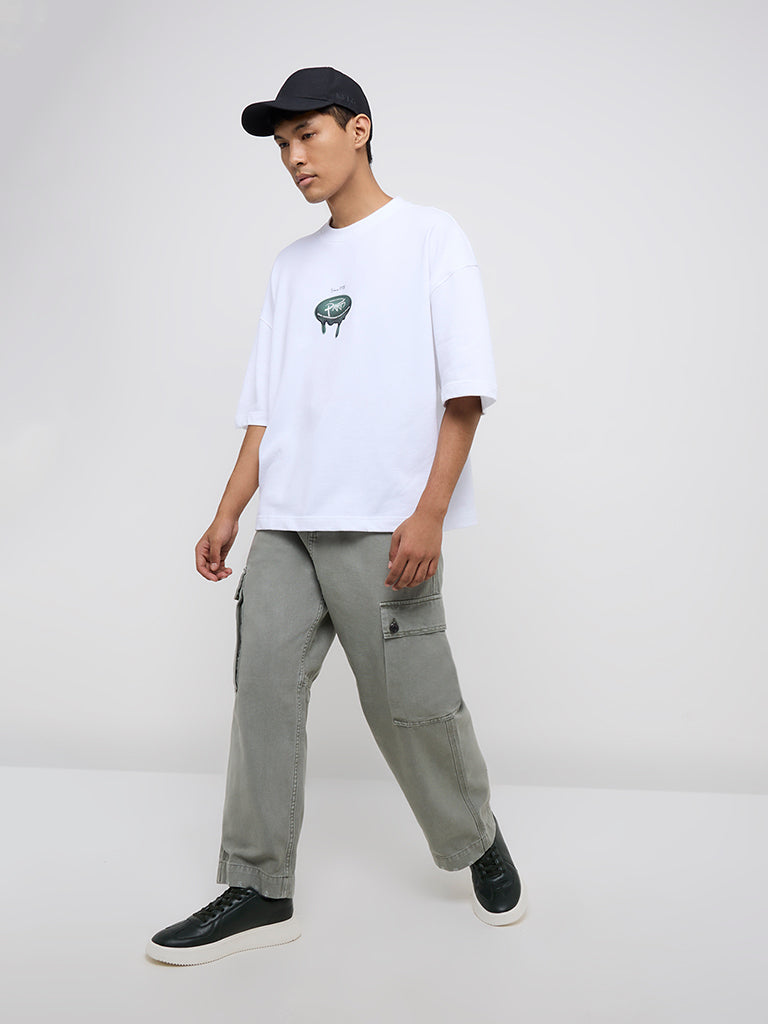 Nuon White Text Design Relaxed-Fit Cotton T-Shirt