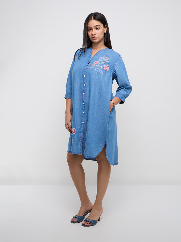 Diza Blue Floral Embellished Cotton-Blend A-Line Dress