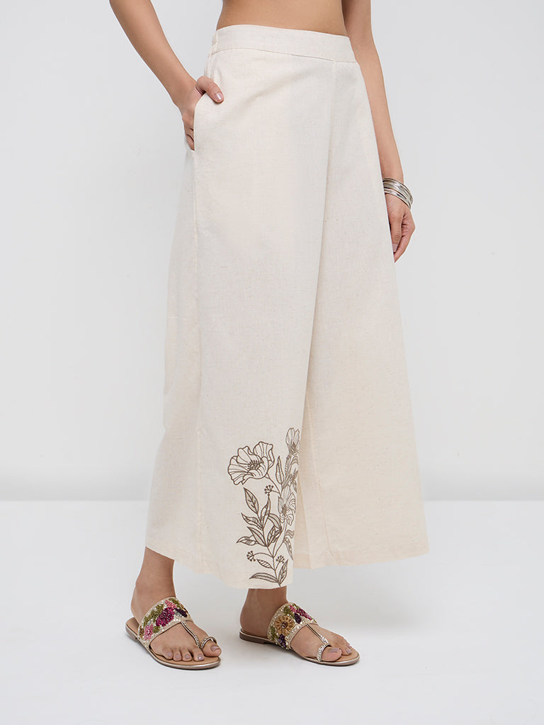 Utsa Off-White Floral High-Rise Cotton-Blend Ethnic Pants