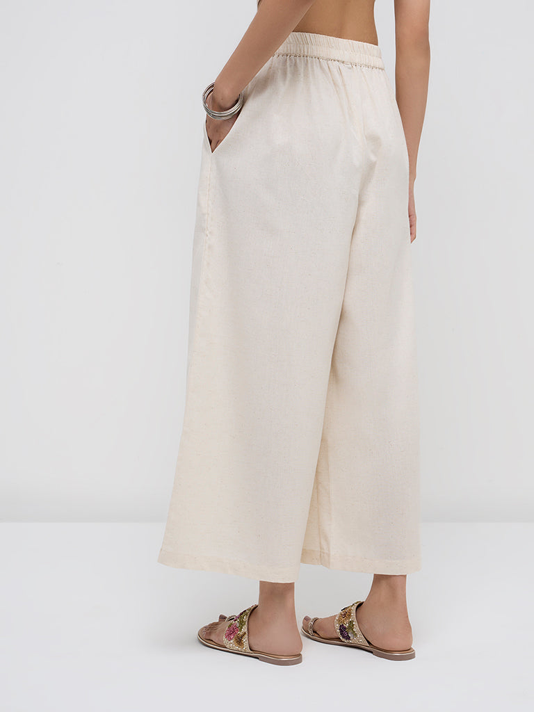 Utsa Off-White Floral High-Rise Cotton-Blend Ethnic Pants