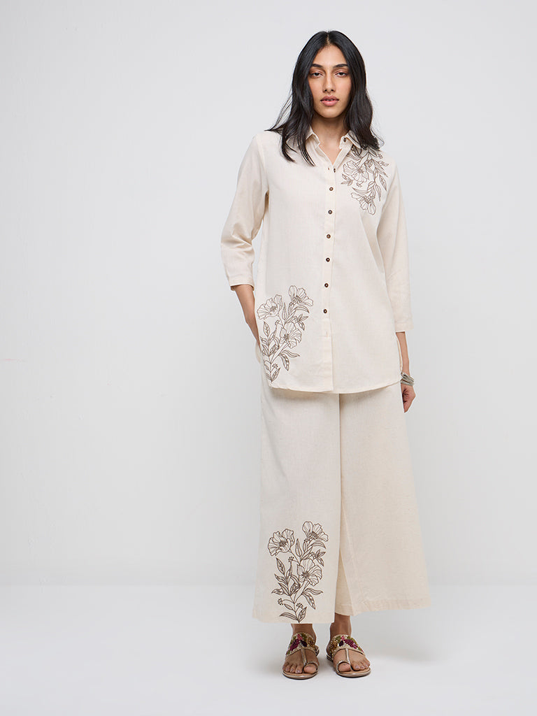 Utsa Off-White Floral High-Rise Cotton-Blend Ethnic Pants