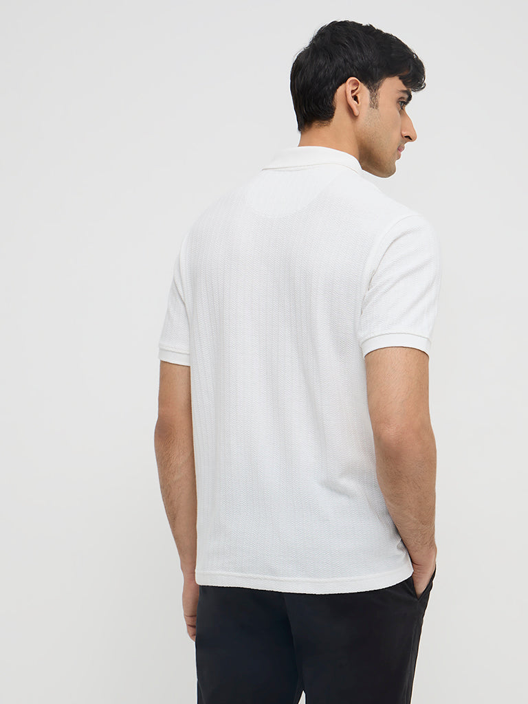 WES Casuals White Quarter Zip Cotton-Blend Polo T-Shirt