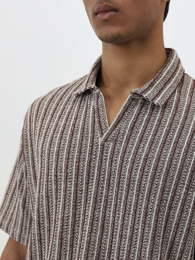 ETA Brown Stripe Patterned Relaxed-Fit Cotton Polo T-Shirt