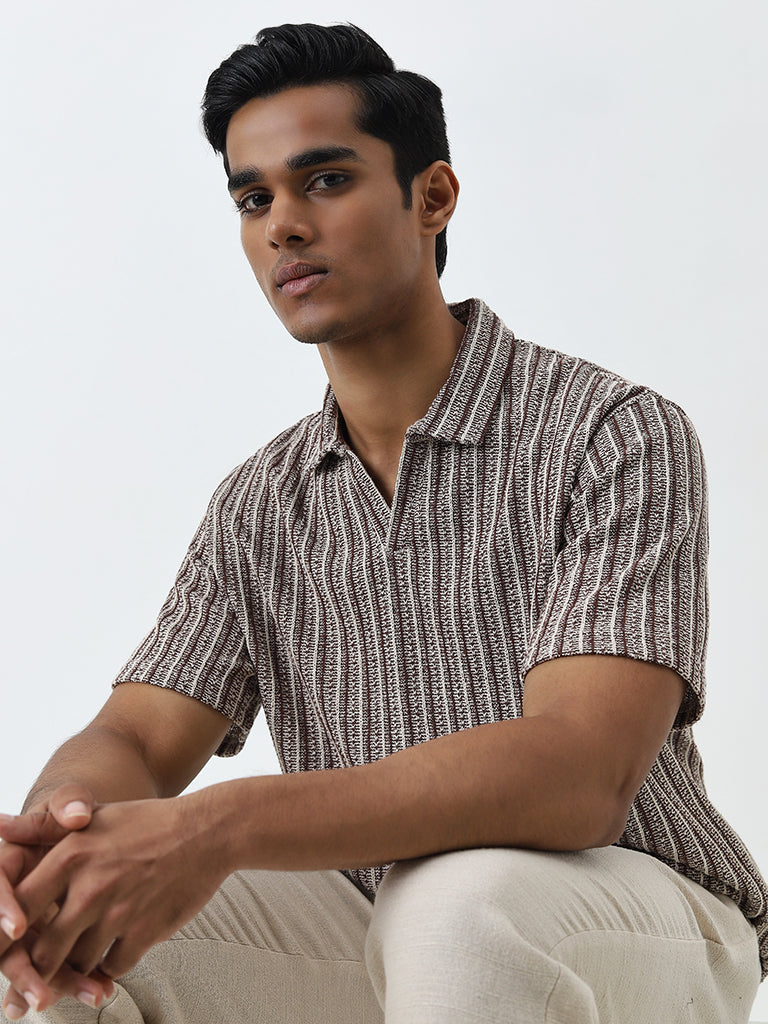 ETA Brown Stripe Patterned Relaxed-Fit Cotton Polo T-Shirt