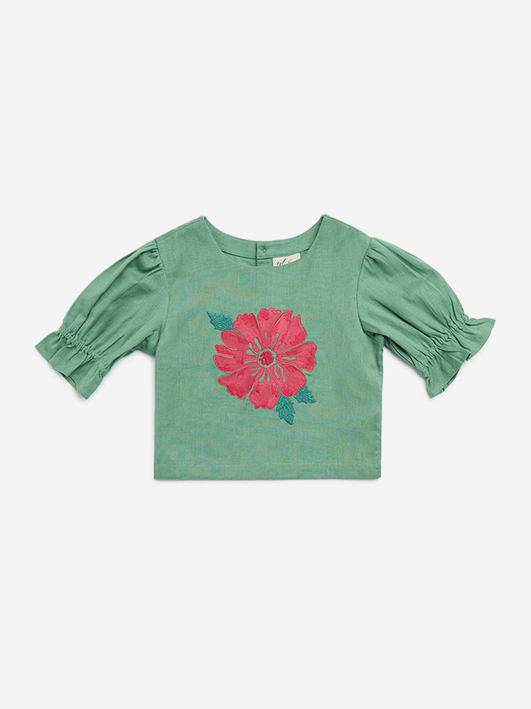 Utsa Kids Green Floral Embroidered Cotton-Blend Top - (2 - 8 yrs)