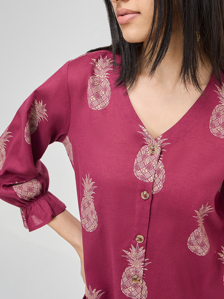Utsa Magenta Fruit Design A-Line Cotton-Blend Kurta
