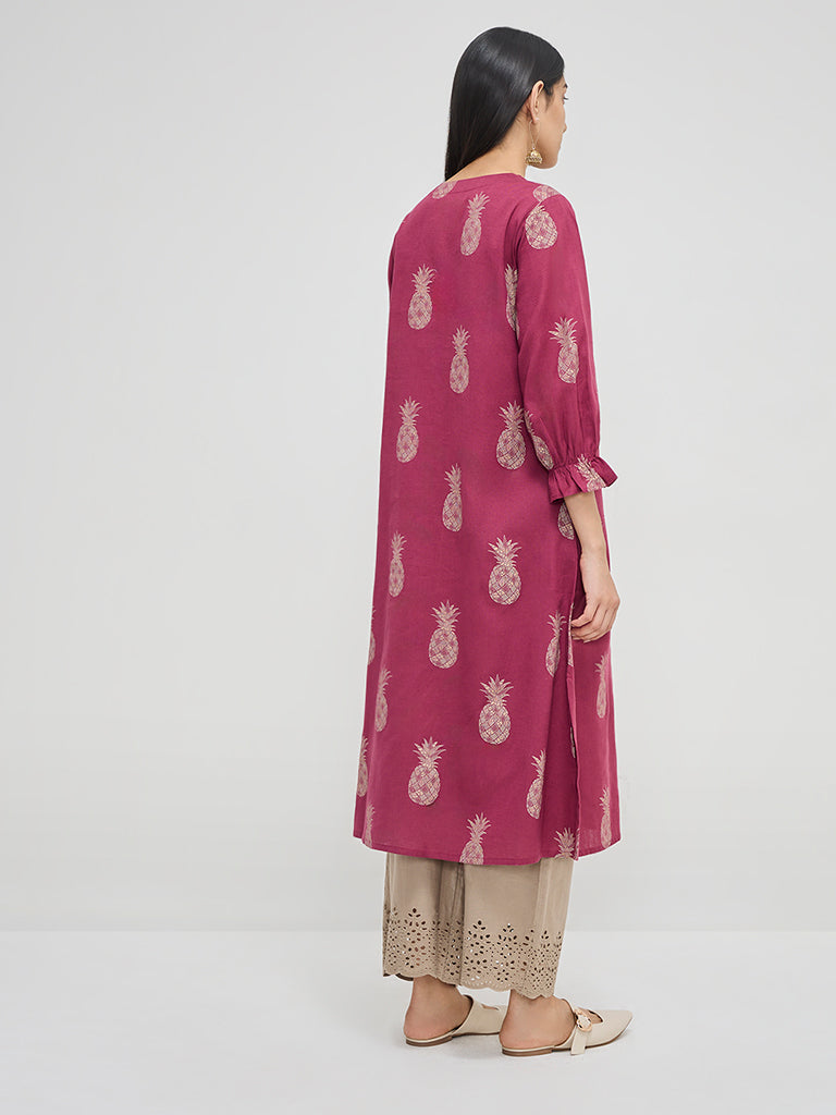 Utsa Magenta Fruit Design A-Line Cotton-Blend Kurta