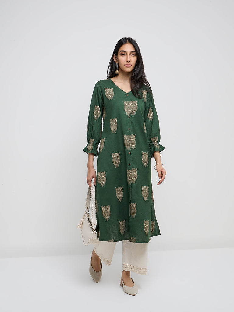 Utsa Green Bird Printed A-Line Cotton-Blend Kurta
