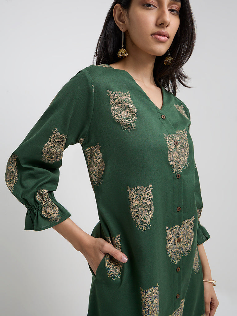 Utsa Green Bird Printed A-Line Cotton-Blend Kurta