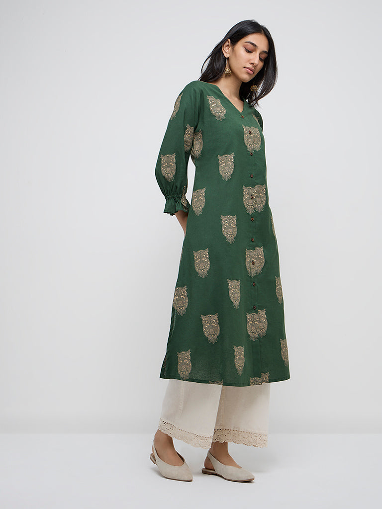 Utsa Green Bird Printed A-Line Cotton-Blend Kurta