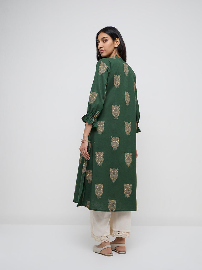 Utsa Green Bird Printed A-Line Cotton-Blend Kurta