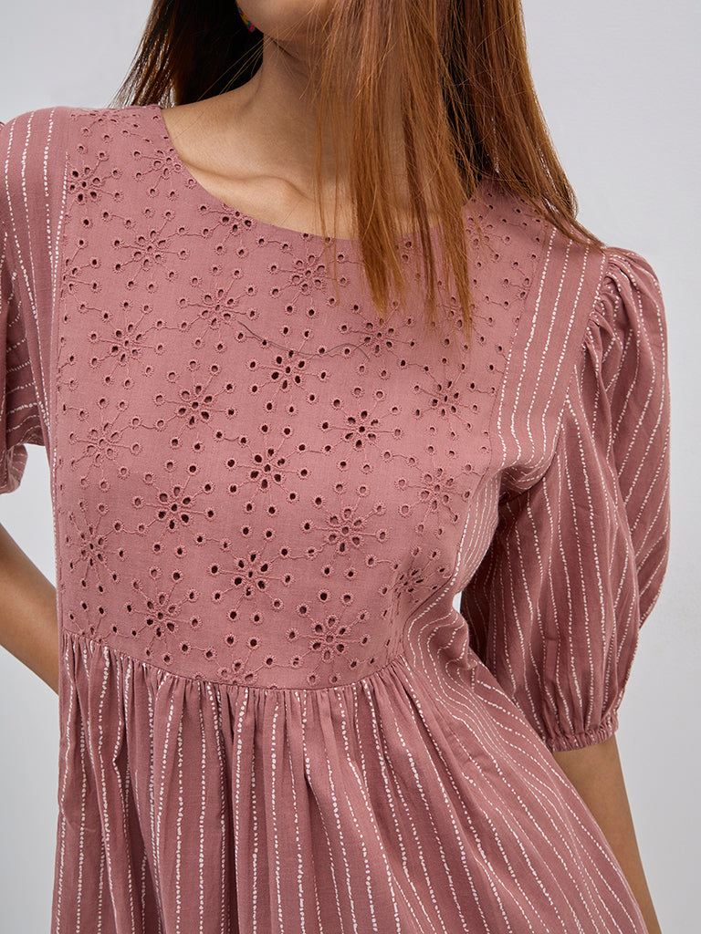Utsa Dusty Pink Striped Cotton Tiered Dress