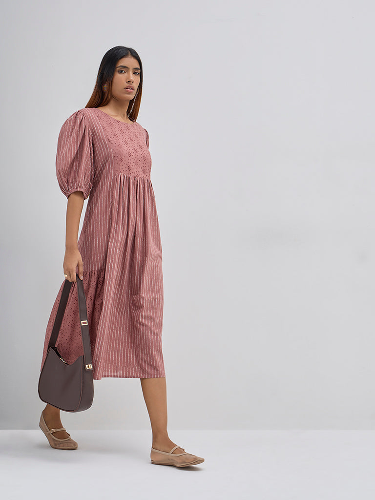 Utsa Dusty Pink Striped Cotton Tiered Dress