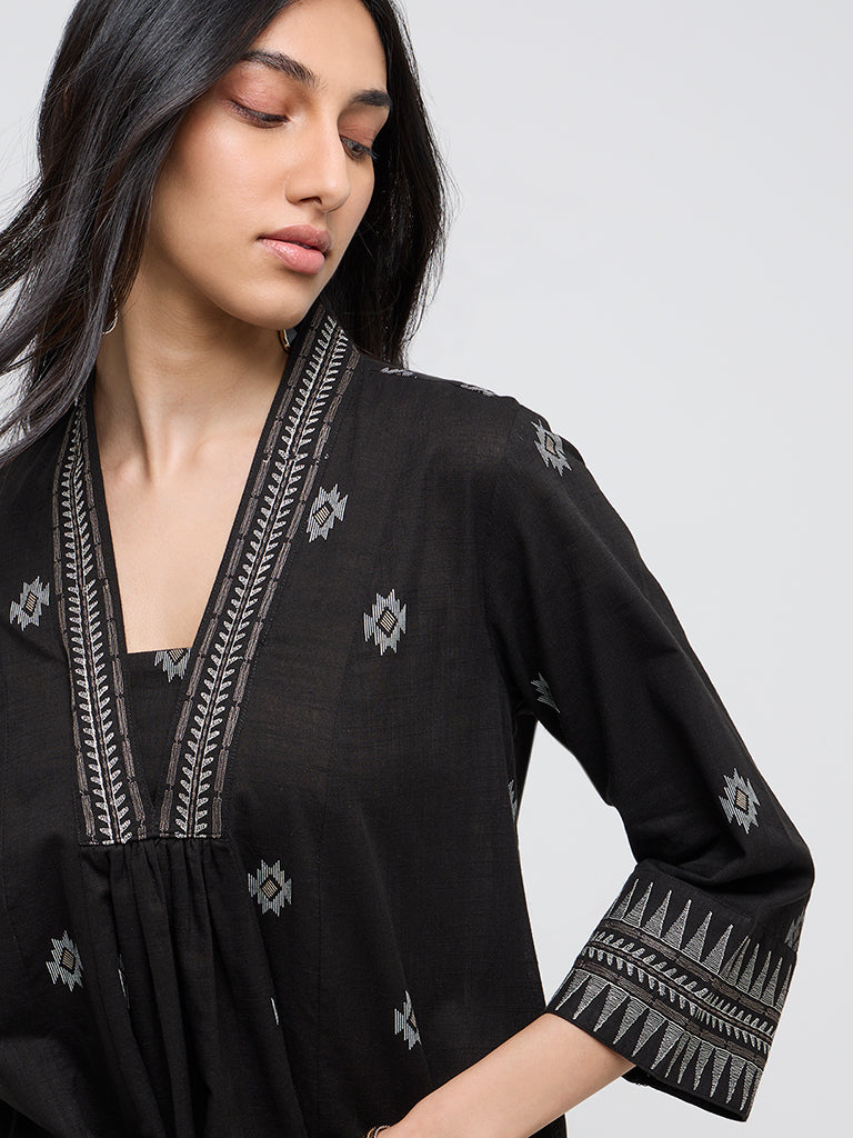 Utsa Black Ikat-Printed Fit-and-Flare Cotton Kurta