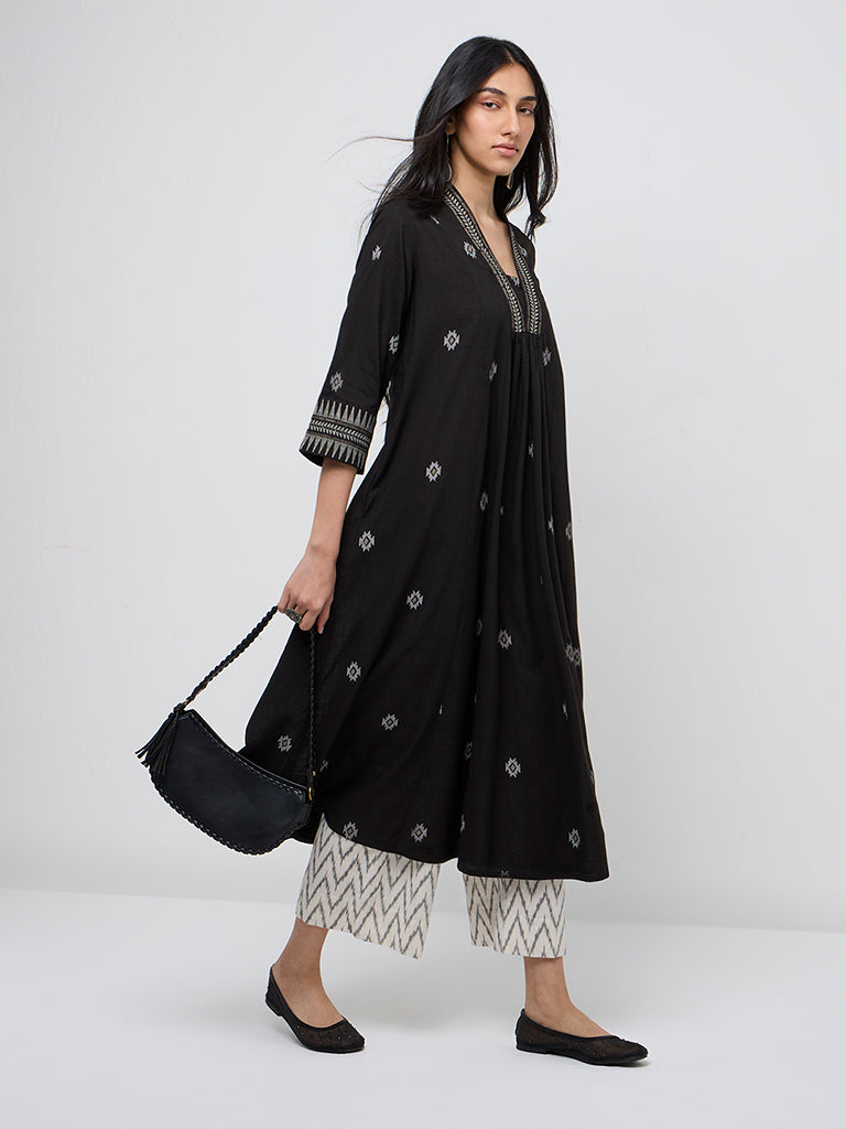 Utsa Black Ikat-Printed Fit-and-Flare Cotton Kurta