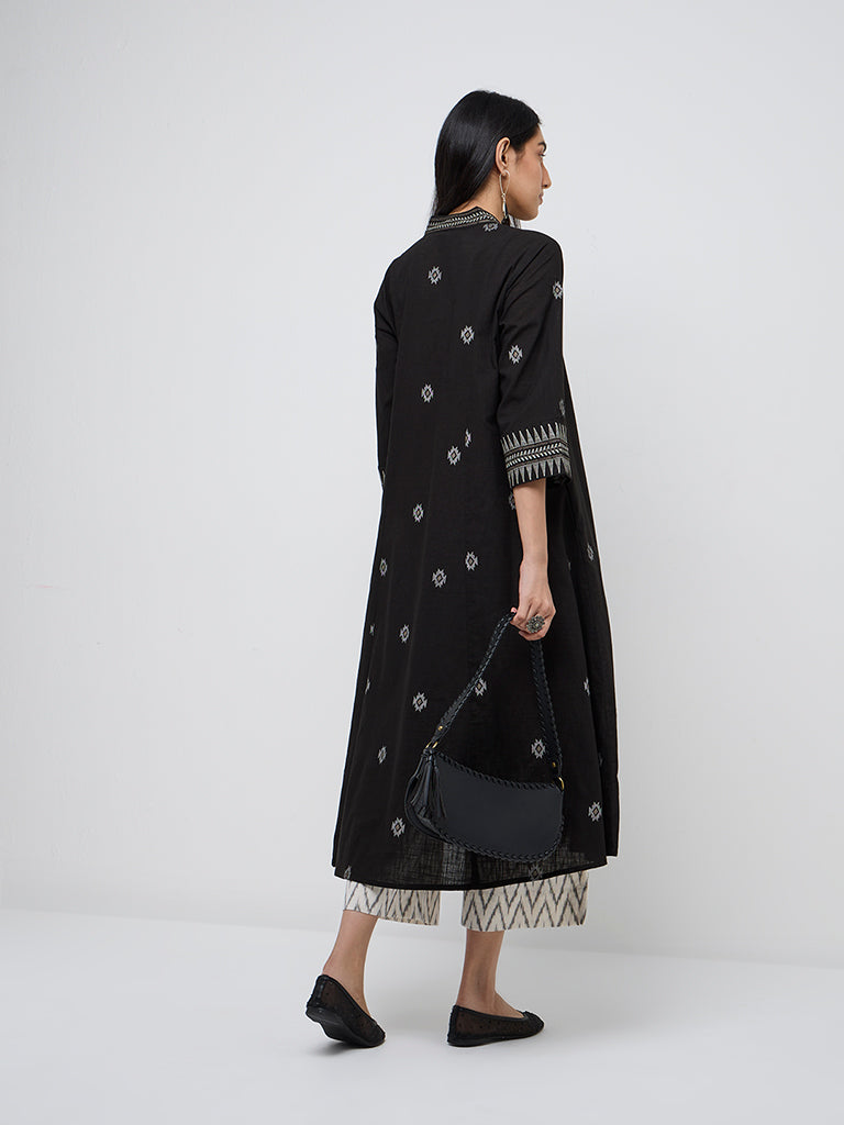 Utsa Black Ikat-Printed Fit-and-Flare Cotton Kurta