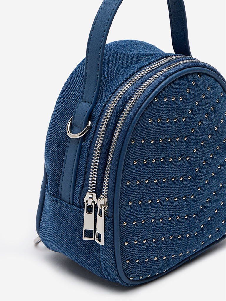 Women Accessories Blue Embellished Denim Backpack
