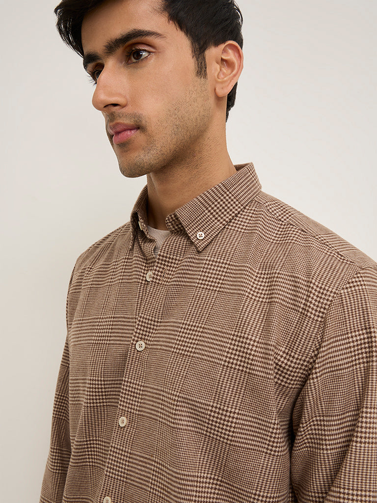 Ascot Brown Checks Design Relaxed-Fit Cotton-Blend Shirt