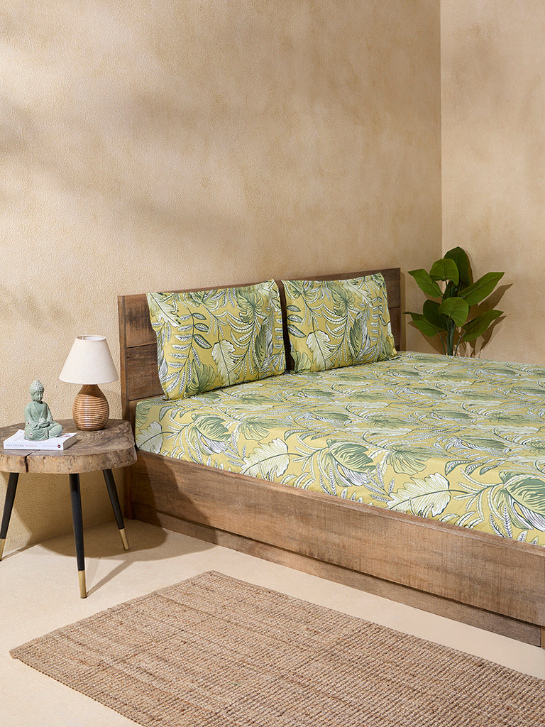 Westside Home Yellow Printed Queen Bed Fitted Sheet and Pillowcase Set