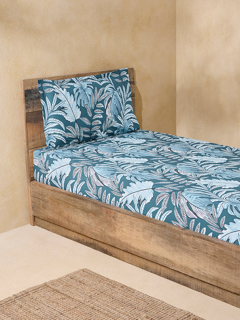 Westside Home Teal Leaf Design Single Bed Flat Sheet and Pillowcase Set