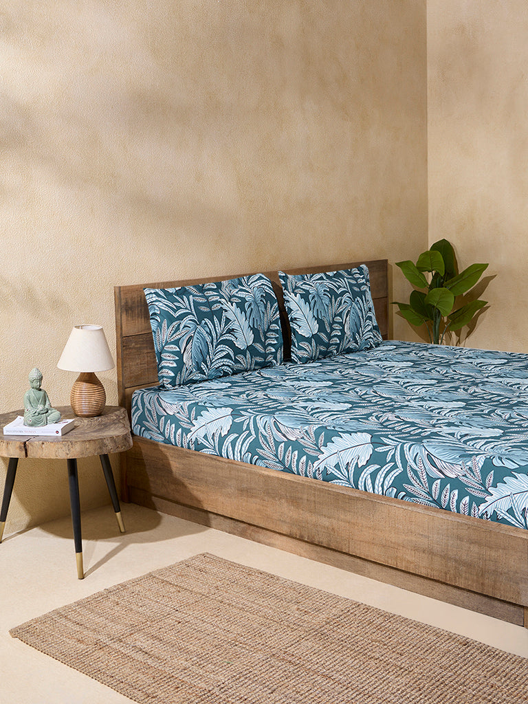 Westside Home Teal Leaf Design Queen Bed Flat Sheet and Pillowcase Set
