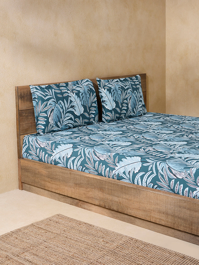 Westside Home Teal Leaf Design Queen Bed Flat Sheet and Pillowcase Set
