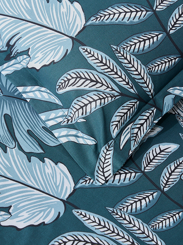 Westside Home Teal Leaf Design Queen Bed Flat Sheet and Pillowcase Set