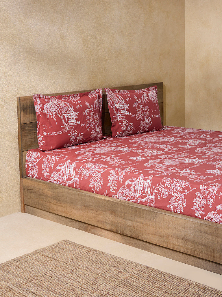 Westside Home Rust Printed Queen Bed Fitted Sheet and Pillowcase Set