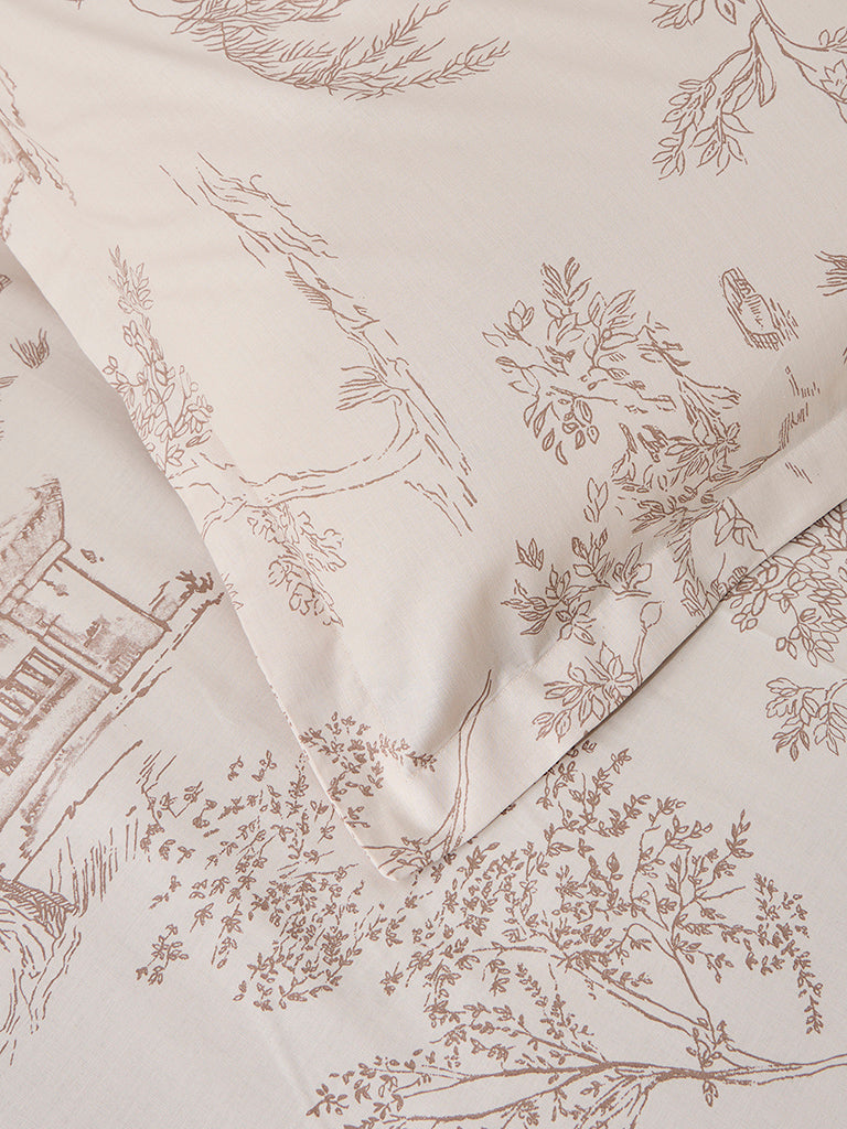 Westside Home Beige Toile Printed Single Bed Flat Sheet and Pillowcase Set