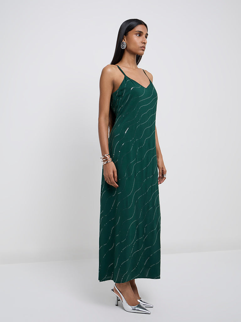 Buy Wardrobe Dark Green Sequin Detailed Party Maxi Dress from Westside