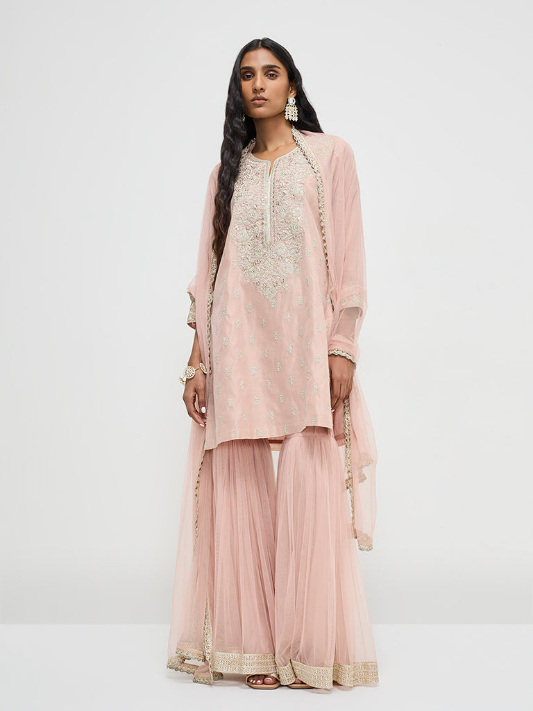 Vark Light Pink Embroidered Cotton-Blend A-Line Kurti, Sharara and Dupatta Set