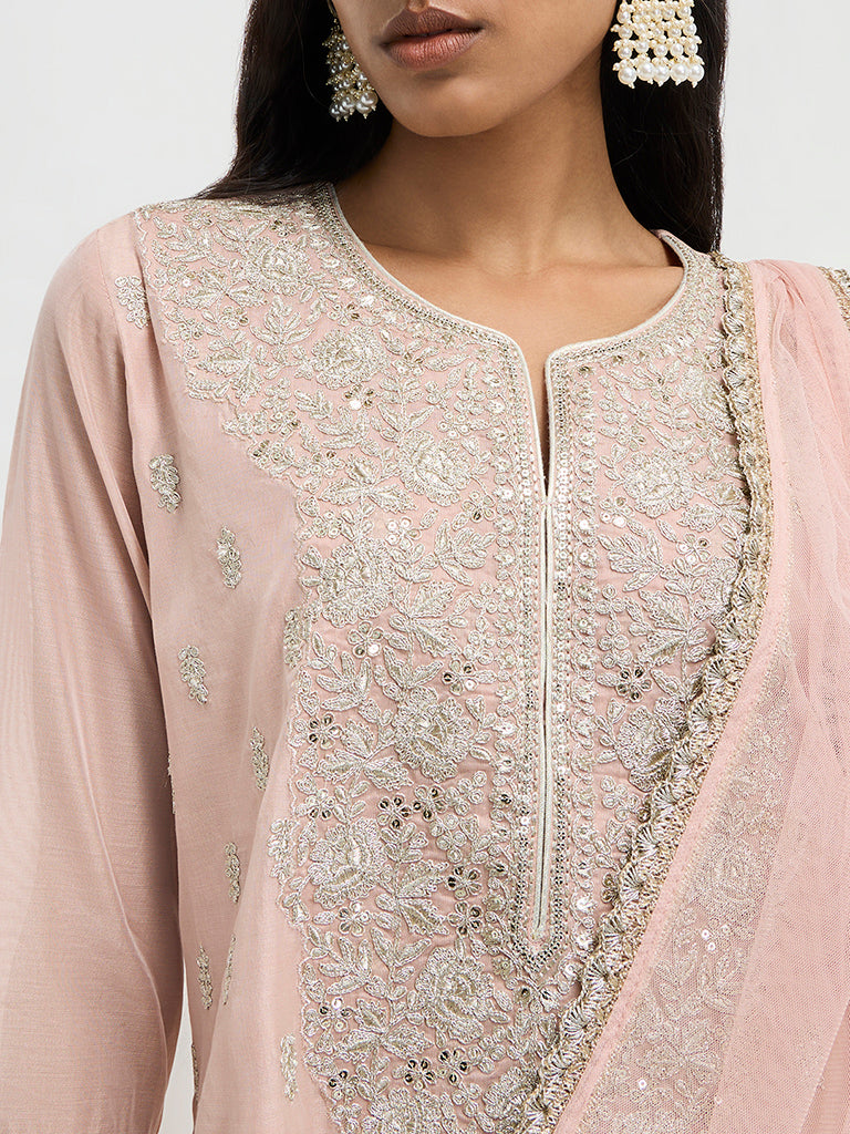 Vark Light Pink Embroidered Cotton-Blend A-Line Kurti, Sharara and Dupatta Set