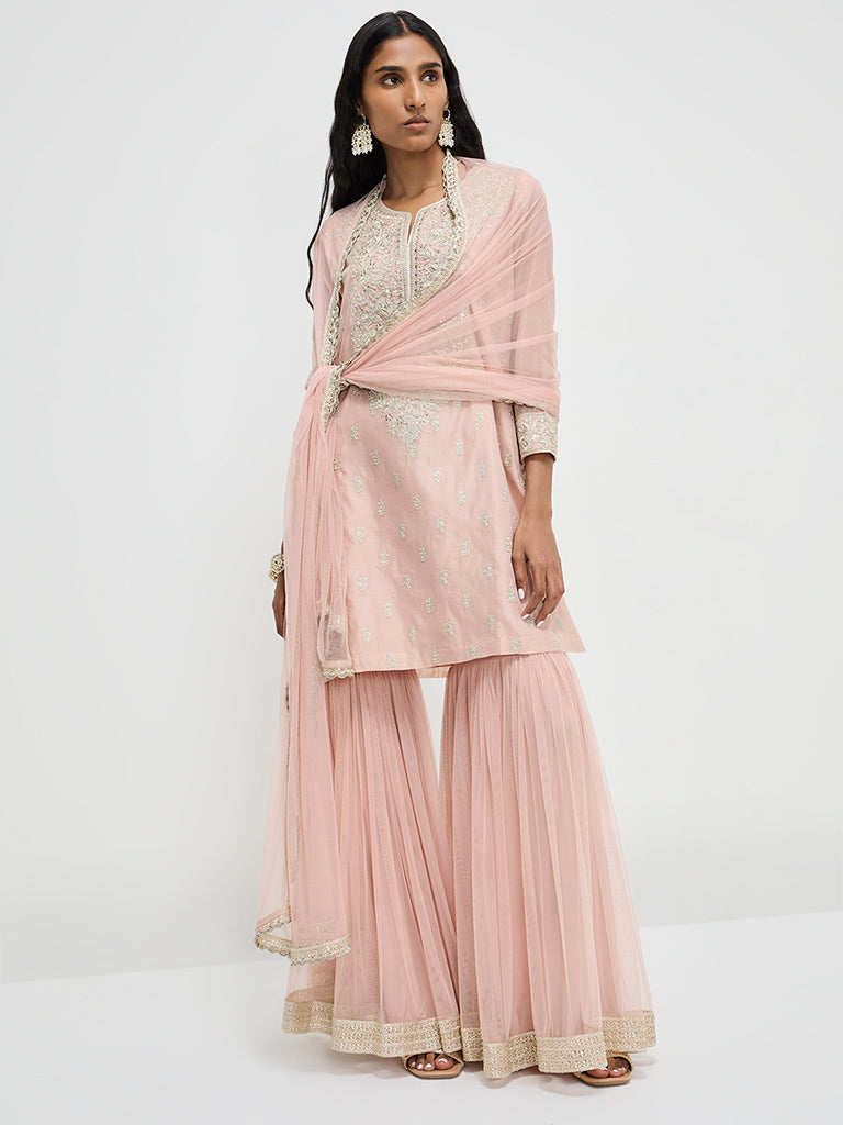 Vark Light Pink Embroidered Cotton-Blend A-Line Kurti, Sharara and Dupatta Set