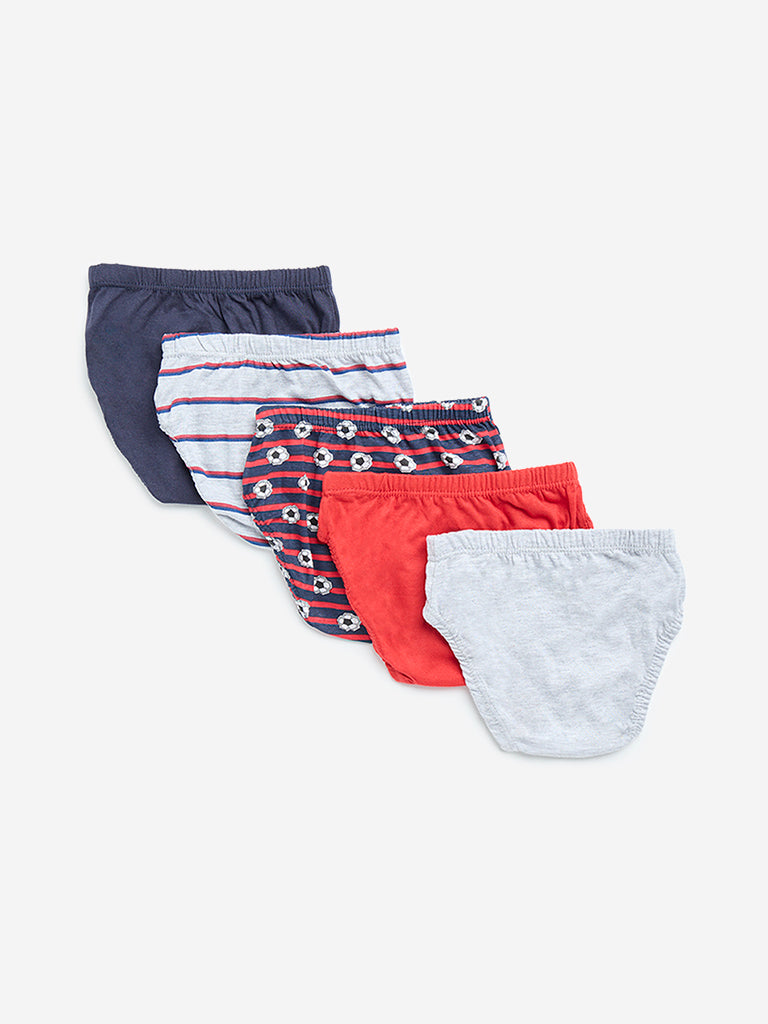 HOP Kids Red Football Printed Cotton-Blend Briefs - Pack of 5