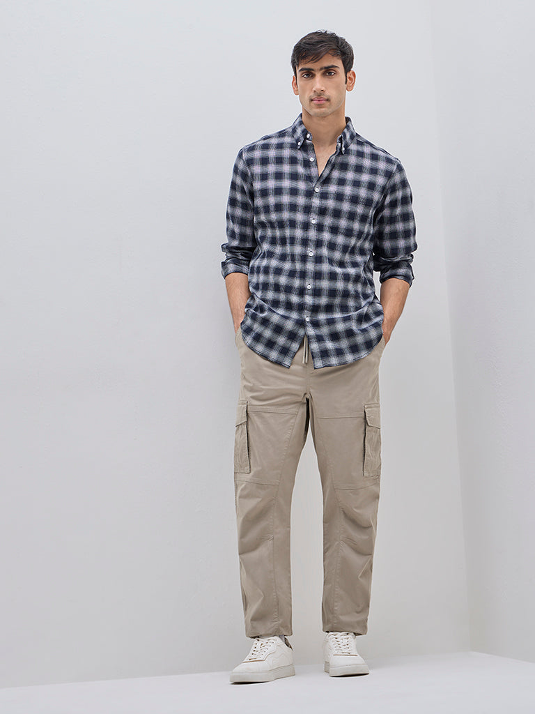 WES Casuals Navy Checkered Relaxed-Fit Cotton-Blend Shirt