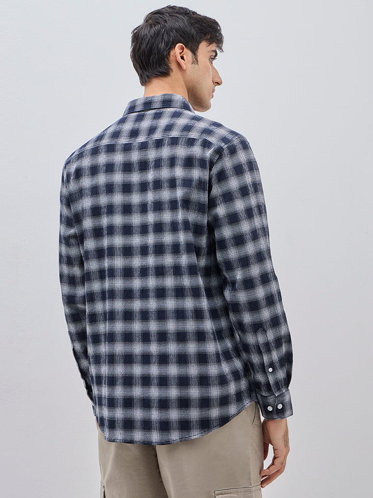 WES Casuals Navy Checkered Relaxed-Fit Cotton-Blend Shirt