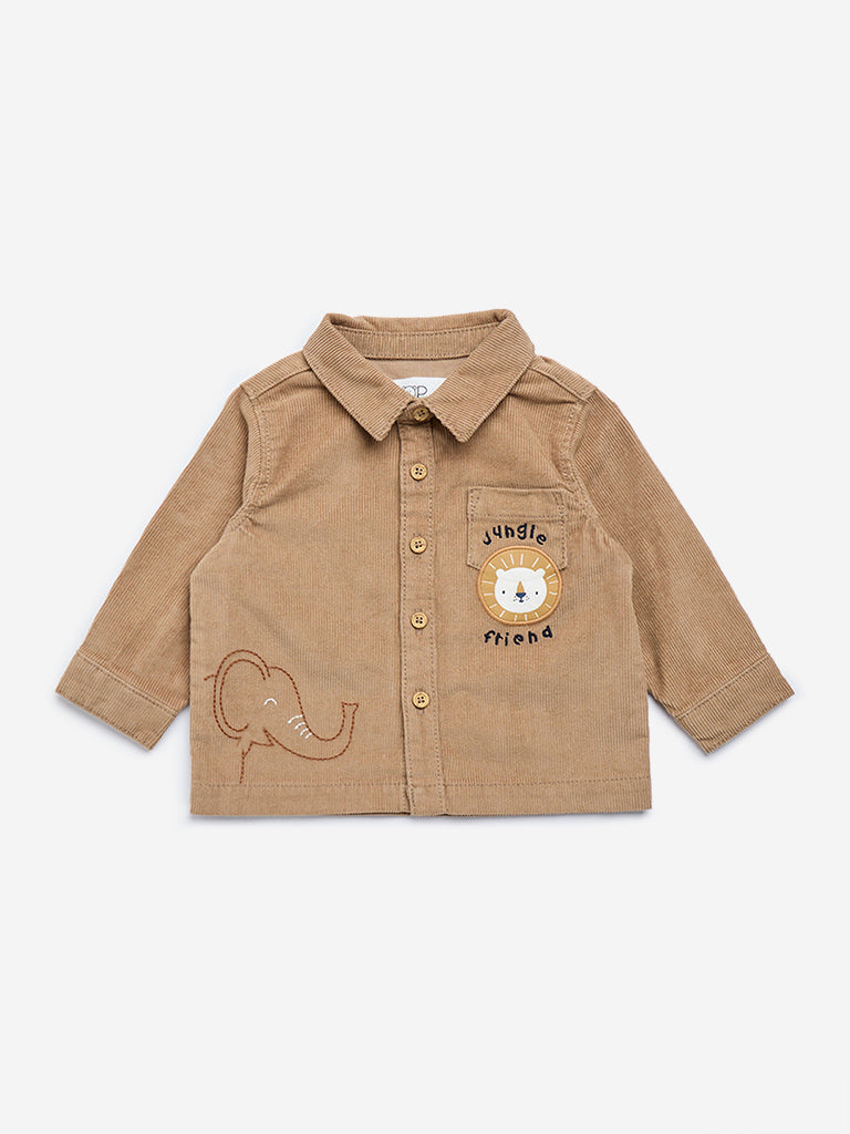 HOP Baby Brown Animal Embroidered Cotton-Blend Shirt