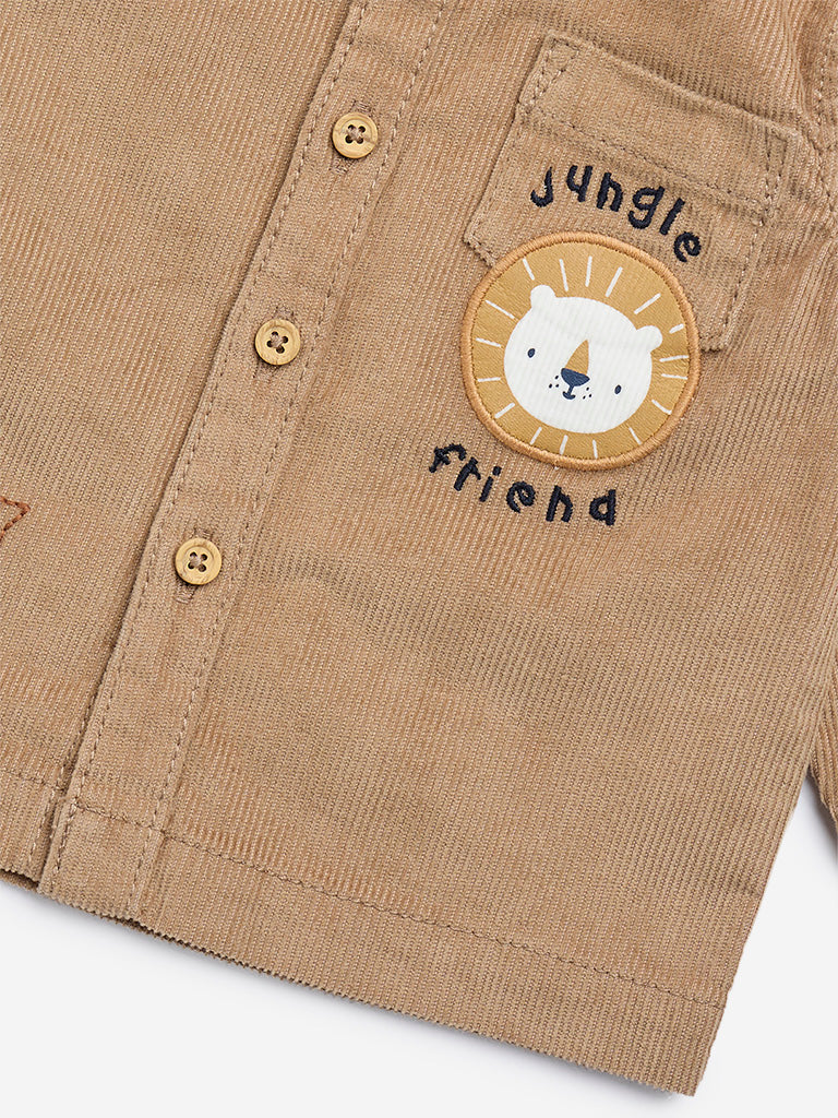 HOP Baby Brown Animal Embroidered Cotton-Blend Shirt
